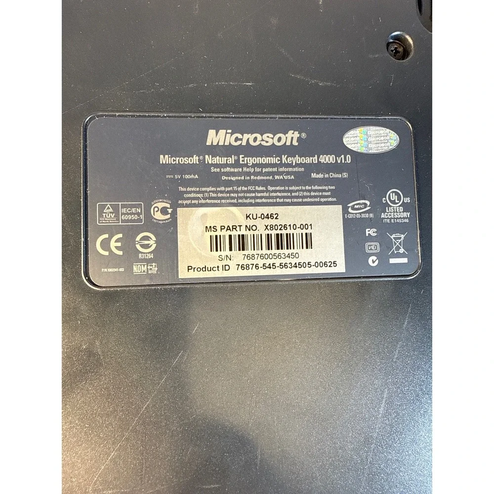 Microsoft Natural Ergonomic Keyboard 4000 v1.0 Wired USB KU-0462 Tested Working